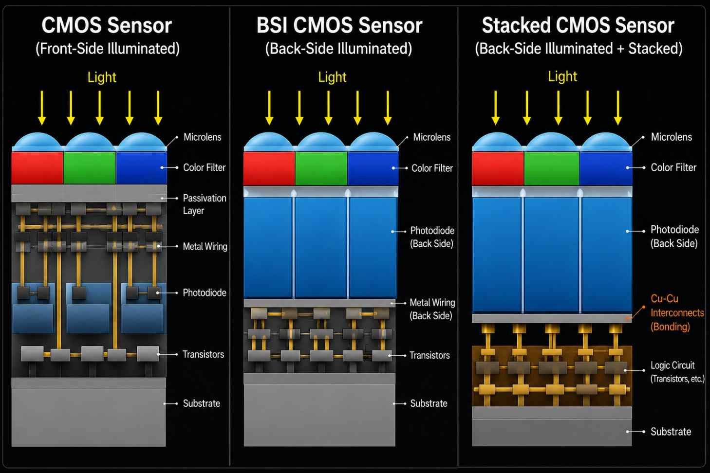 CMOS vs BSI CMOS vs Stacked CMOS Sensor